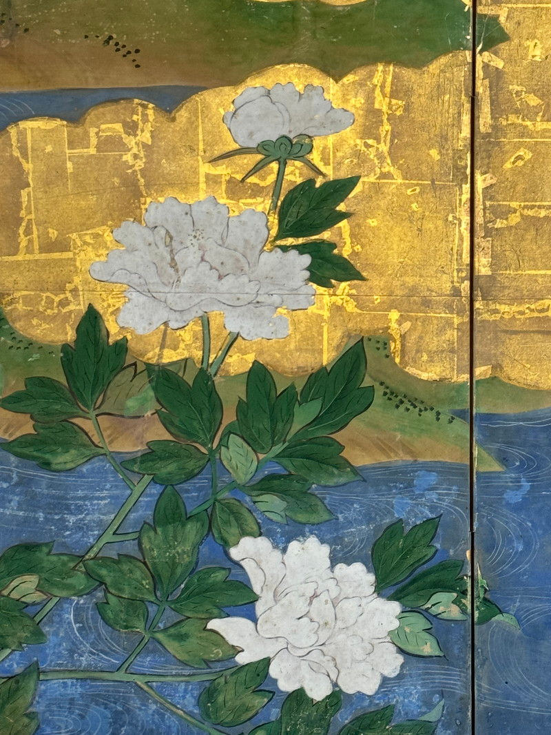 Thumbnail: 115i　江戸期 無落款 時代 金台肉筆 花鳥図 屏風 六曲半双 日本画