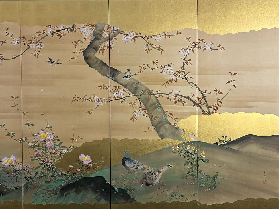 サムネイル： 88v　金台肉筆 春洋 筆 花鳥図 屏風