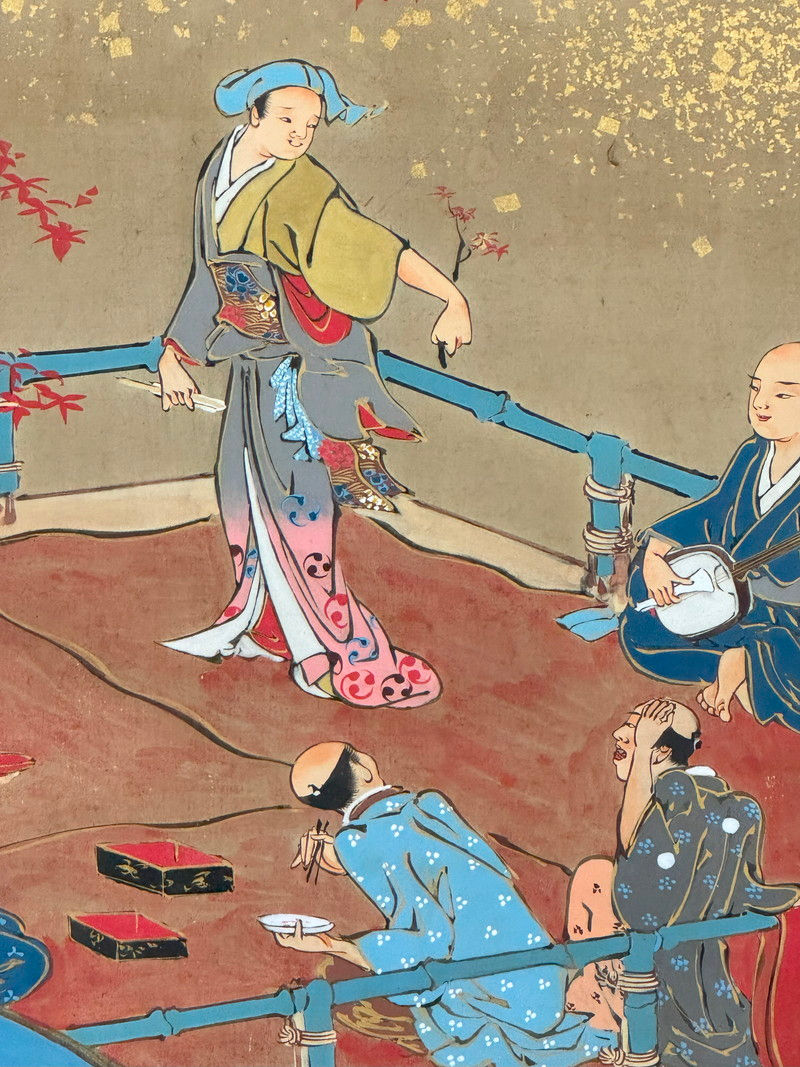 縮圖：28a　金砂子 花見 紅葉 宴図 二枚折 屏風 一双