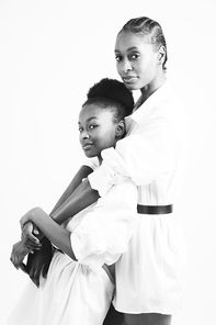 black and white portrait of mother and daughter