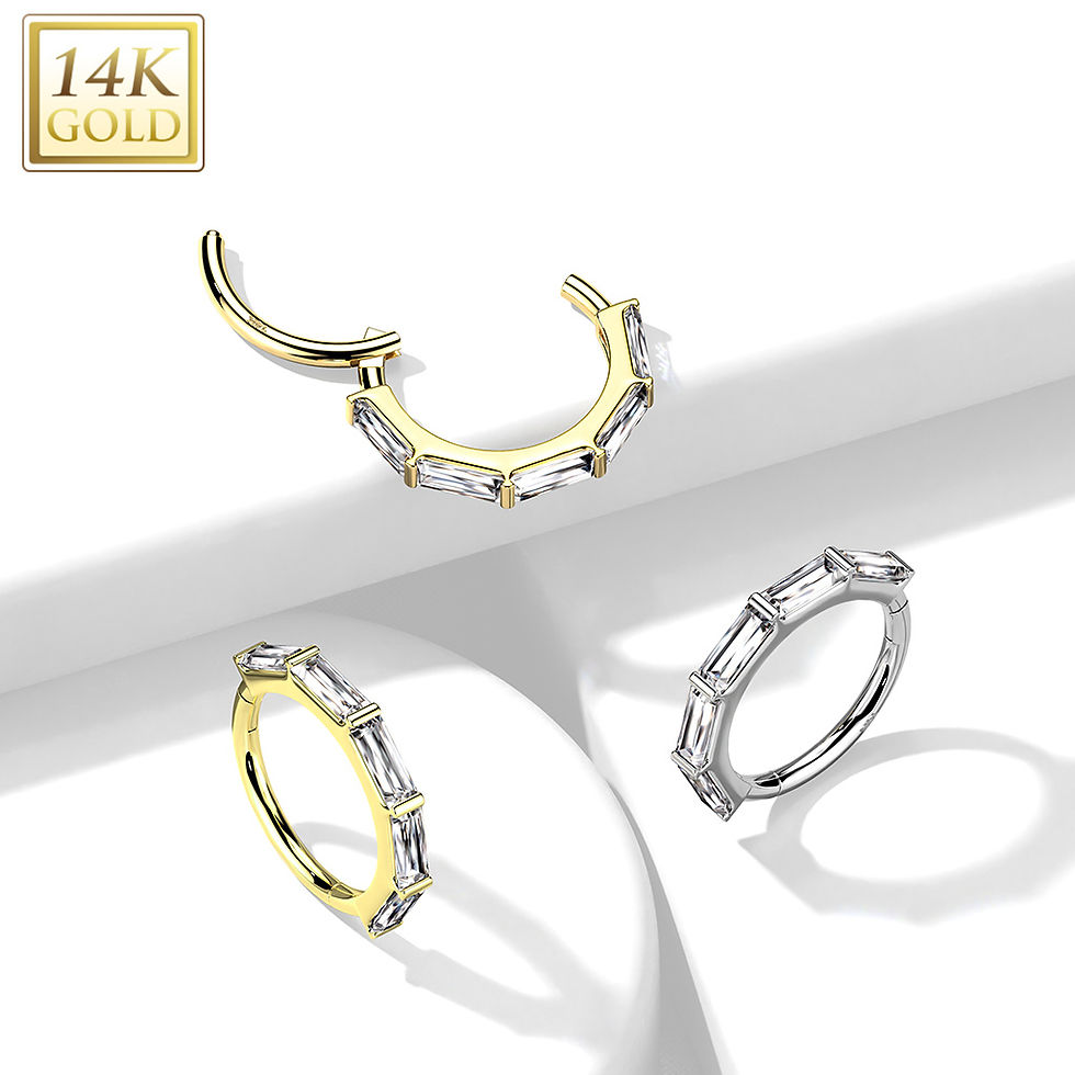 Thumbnail: 14K Gold Hinged Segment Hoop Ring Lined with Baguette CZ's