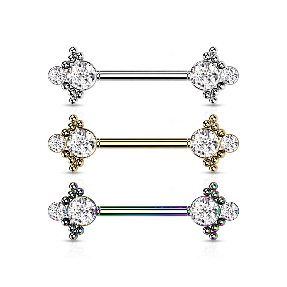 Thumbnail: Threadless Nipple Barbell with Beaded Ball Edge and Double CZ On Each Side