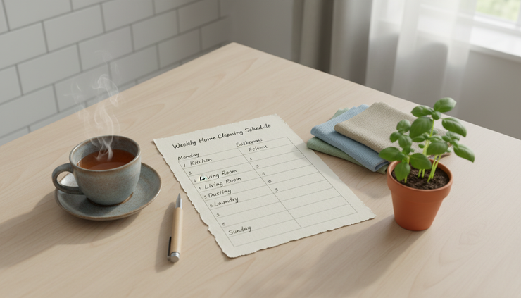 Overhead view of a handwritten weekly cleaning schedule beside a cup of tea
