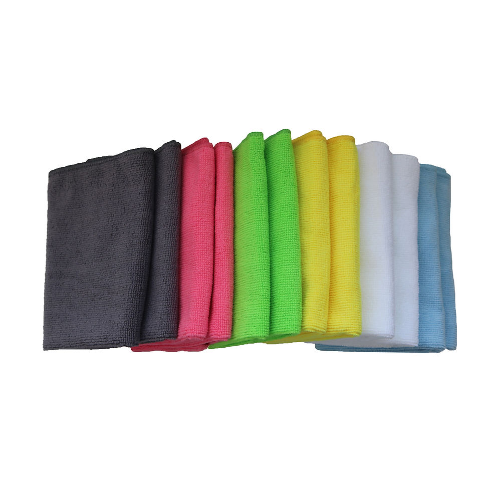 Horizontal stacks of colorful, high-quality microfiber cloths, ideal for cleaning delicate surfaces.