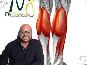Smiling person in black sweater sits beside an anatomical illustration of leg muscles. "MyChiro LLC" logo and text in top left corner.