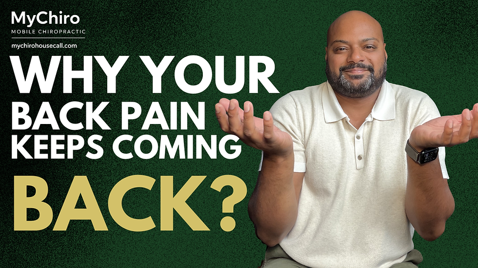 Dr. Lucas Marchand of MyChiro Mobile Chiropractic shrugging with hands raised, next to bold text reading 'Why Your Back Pain Keeps Coming Back?' on a dark green background.