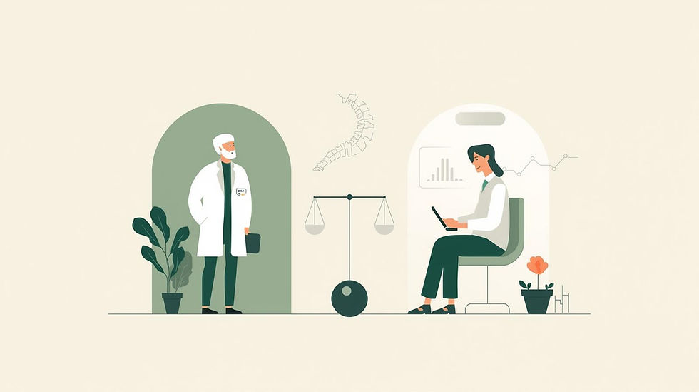 Minimalist, editorial-style illustration of a modern medical debate. Two opposing figures: one representing traditional medicine (lab coat, clinical setting) and one representing chiropractic (clean, modern mobile clinic aesthetic). Between them, a subtle scale or balance symbol. Include abstract elements like a prescription bottle labeled “opioids,” a spine outline, and muted data/chart visuals in the background. Tone should feel intelligent, investigative, and slightly tense. Color palette: dark forest green, white, soft gold accents. Clean, Apple-inspired minimalism with strong negative space. No cartoon style.