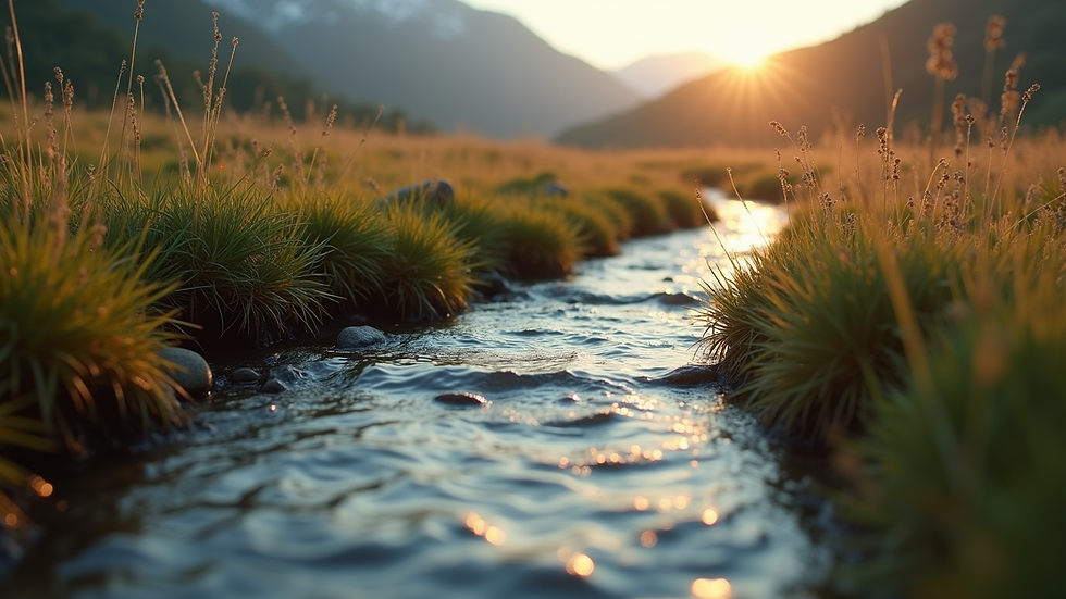 Close-up view of a serene landscape with a gentle stream