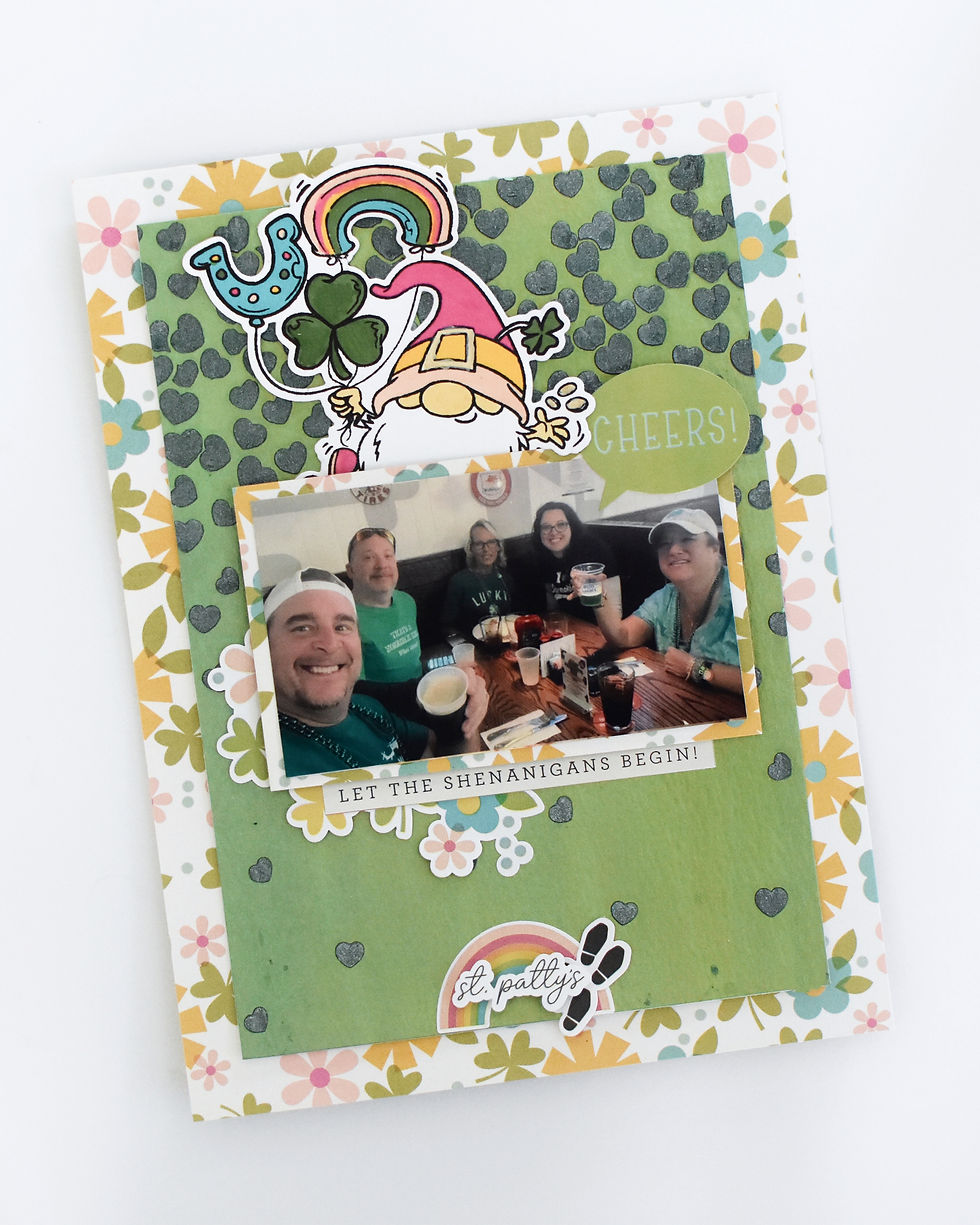 Cheerful group at a table with drinks, surrounded by festive, colorful St. Patrick's decor. Text: Cheers! Let the shenanigans begin!
