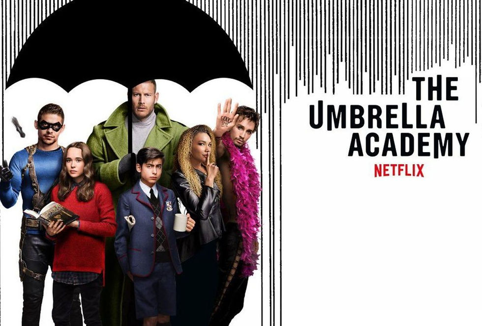 The Umbrella Academy cast with umbrella