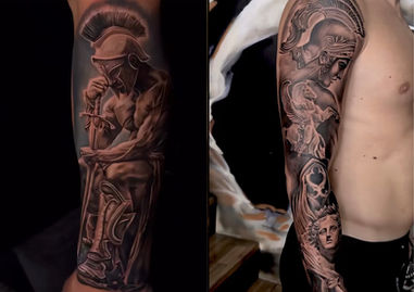 Black and grey full sleeve warrior tattoo by DaVinciHan in Antalya