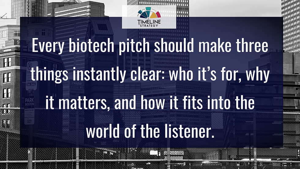 Quote image with city background and Timeline Strategy logo, displaying the text: "Every biotech pitch should make three things instantly clear: who it’s for, why it matters, and how it fits into the world of the listener."