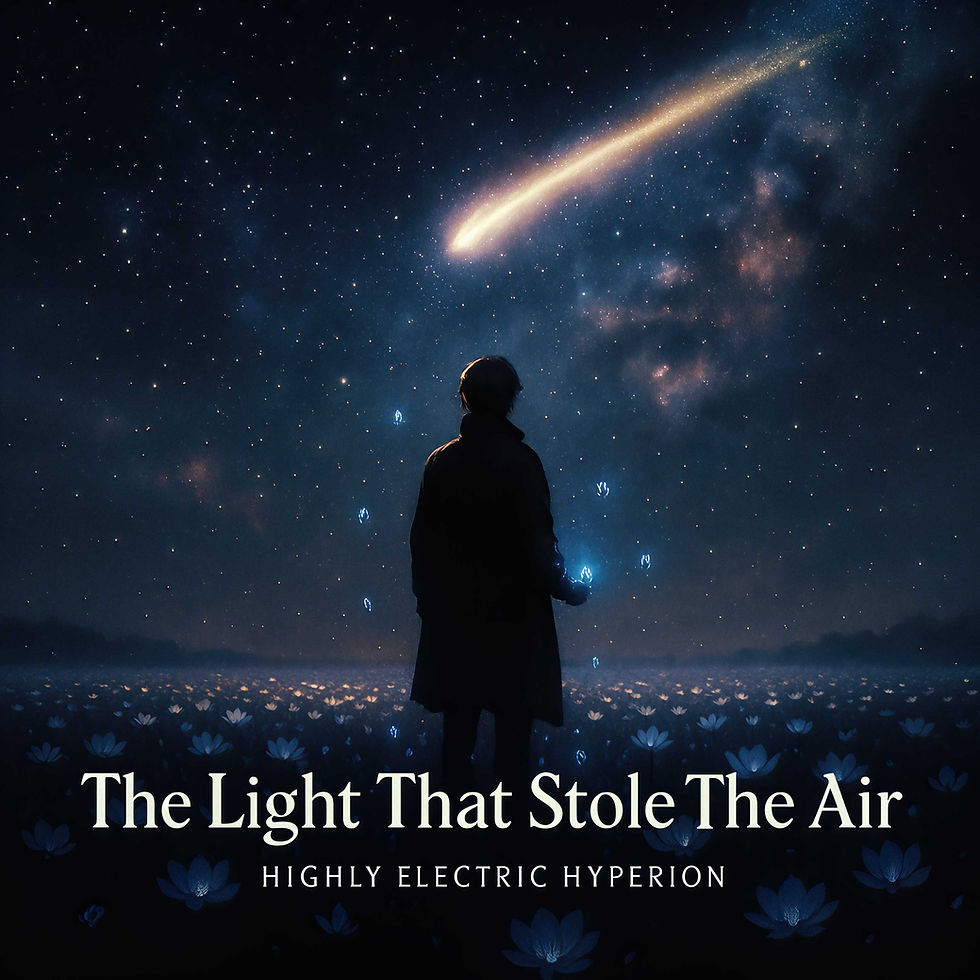 A character standing in a flower field holding memories in the shape of blue lights looking out as a comet passes above