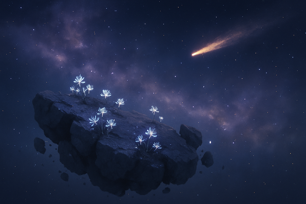 A wide, cinematic shot of deep space with a fragmented asteroid drifting in the foreground, illuminated by the soft glow of distant nebulae. Small clusters of glowing flowers bloom sprouting from cracks in the rock, shining faintly in the darkness like tiny starsong remnants.