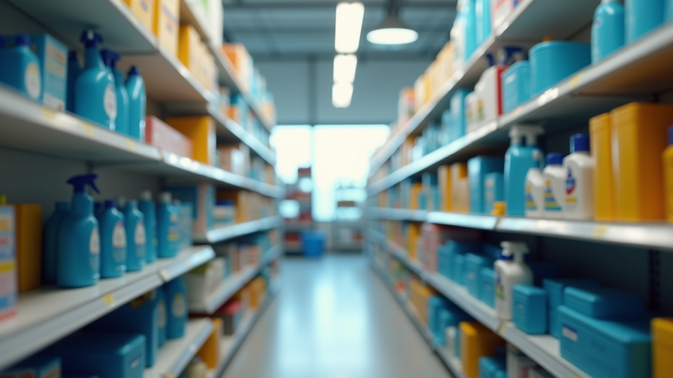 High angle view of a well-organized cleaning supply shelf