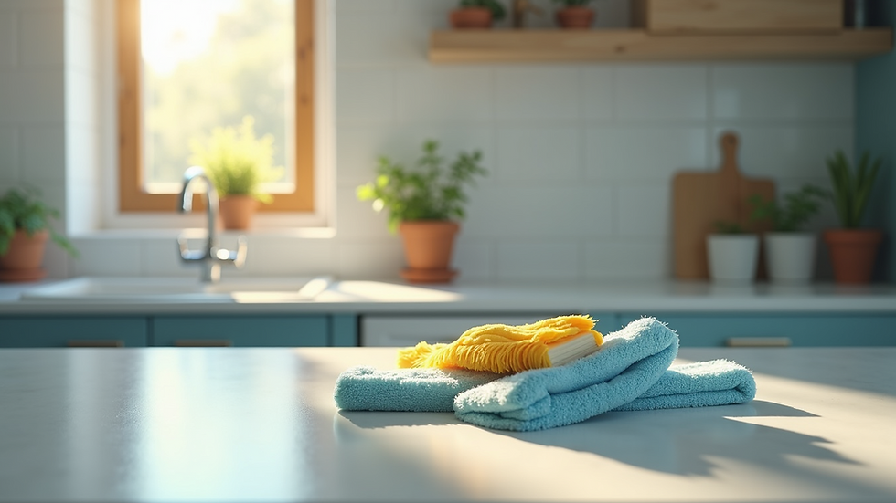 Close-up view of a cleaning tool kit on a kitchen countertop