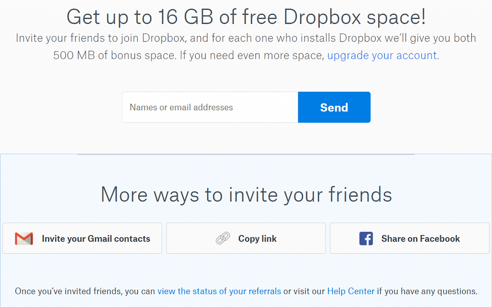 Invite referrals to Dropbox