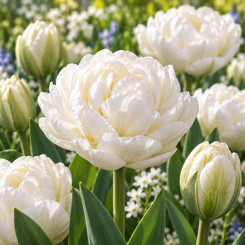 Miniaturbild: Blumenzwiebel, Tulpe, Tulipa, Mount Tacoma, weiss, gefüllt, Frühling, Magnolia Outdoors, Terrasse, Garten