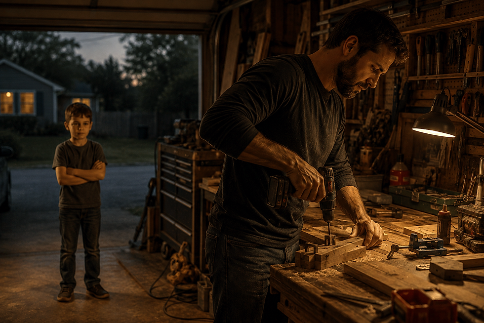 Man drills wood at a cluttered garage workbench while a boy watches from the doorway at dusk.