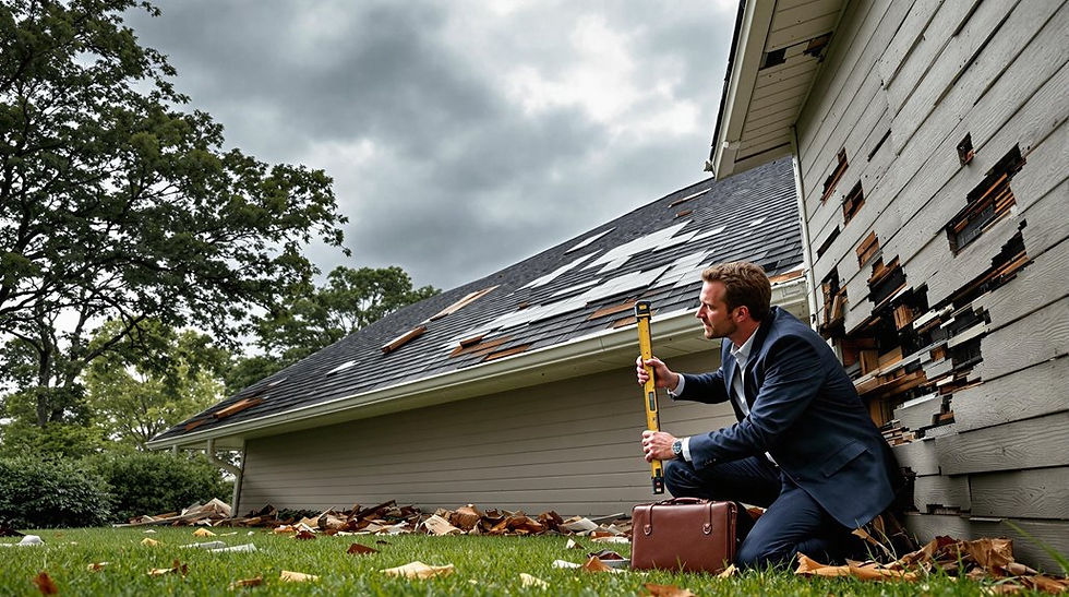 Public adjuster inspecting storm-related wind damage on a home.