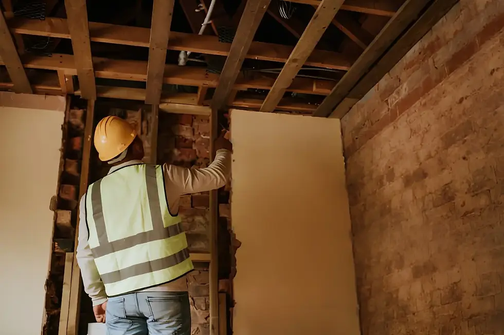 Construction worker in hard hat and reflective vest inspects exposed brick and ceiling beams in an unfinished room.