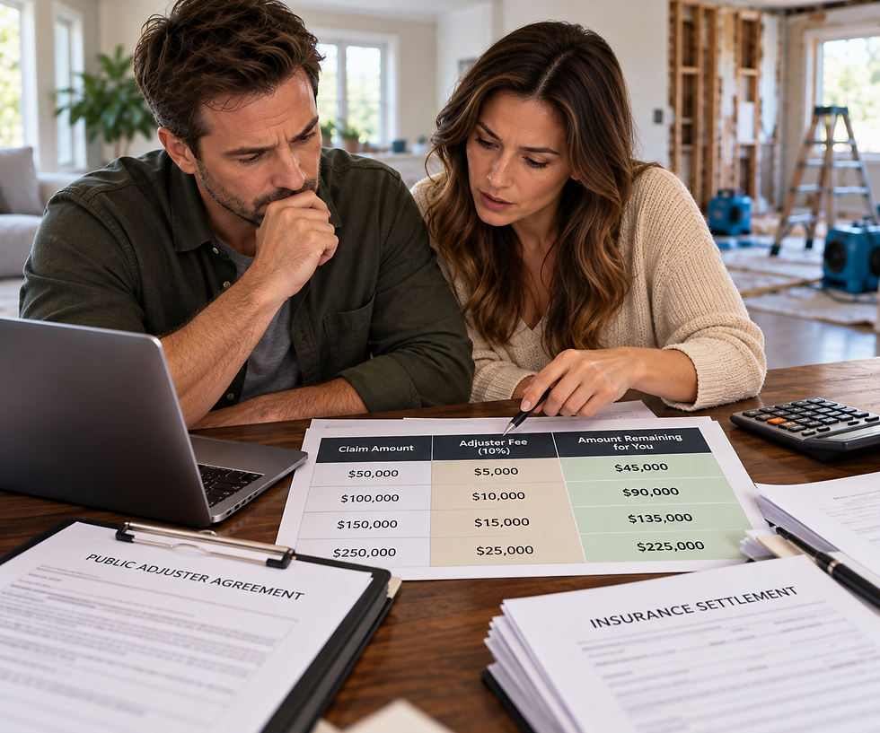 Couple reviewing insurance settlement paperwork and a fee table in a renovated home, with Public Adjuster Agreement forms.