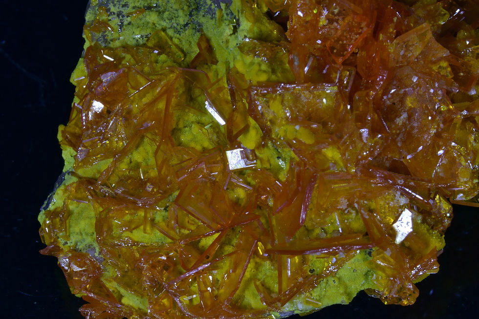 Red tabular Wulfenite on yellow Mimetite