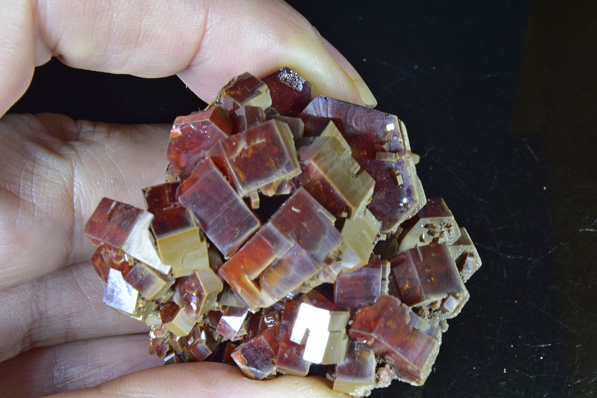 Deep red Vanadinite crystals on rock matrix