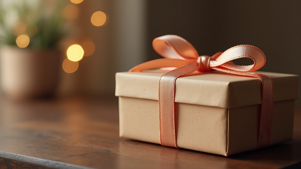 Close-up view of a personalized gift box with a ribbon on a table