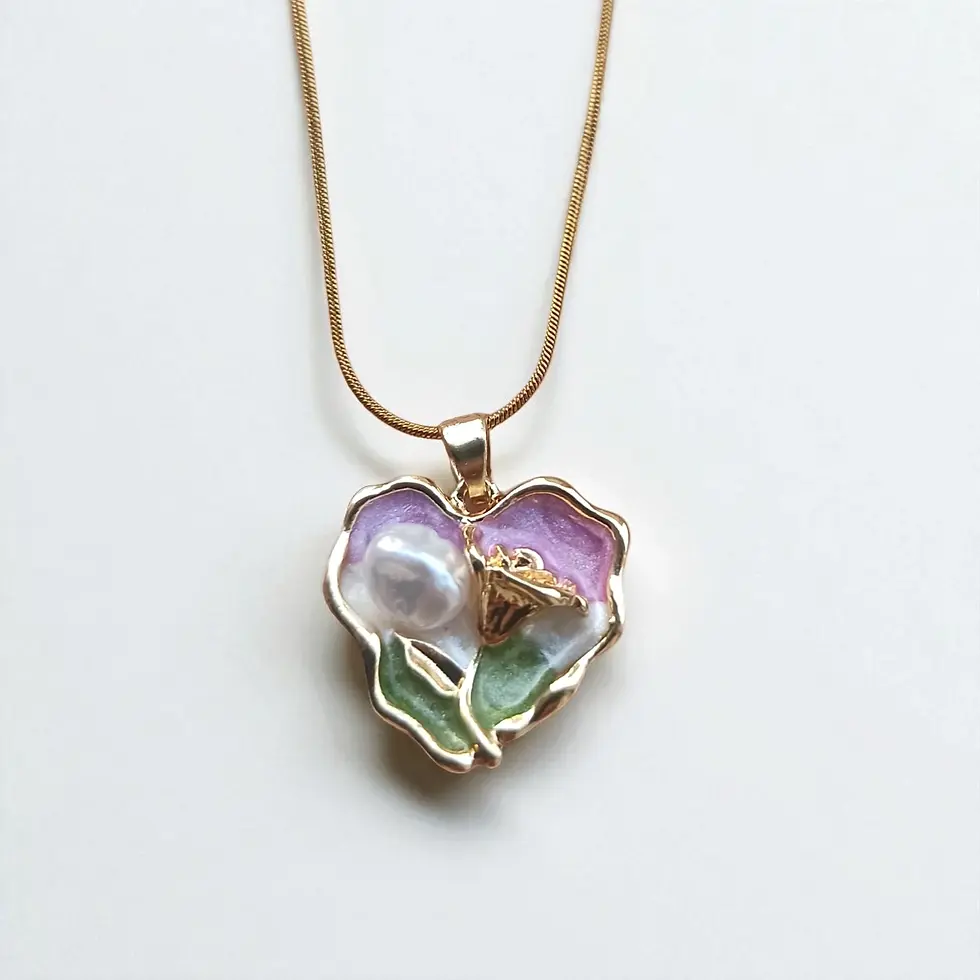 Gelincik çiçekli incili kalp kolye altın renk 316L çelik zarif tasarım