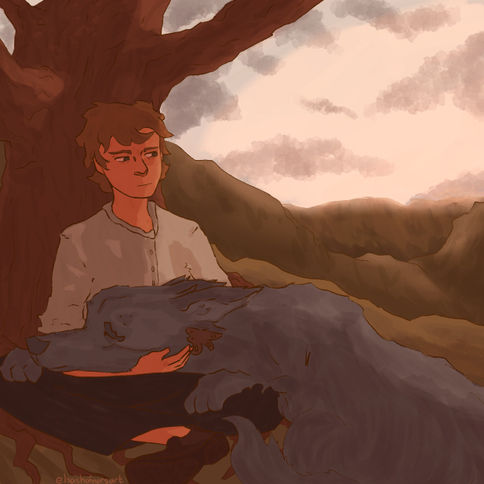 Hugo Lamb, Luna (Locust Woods), Aplechian, The Overgrowth, Locust Woods, sun, moon, tree, mountains, landscape, dawn, wolf, mythological creature, digital art