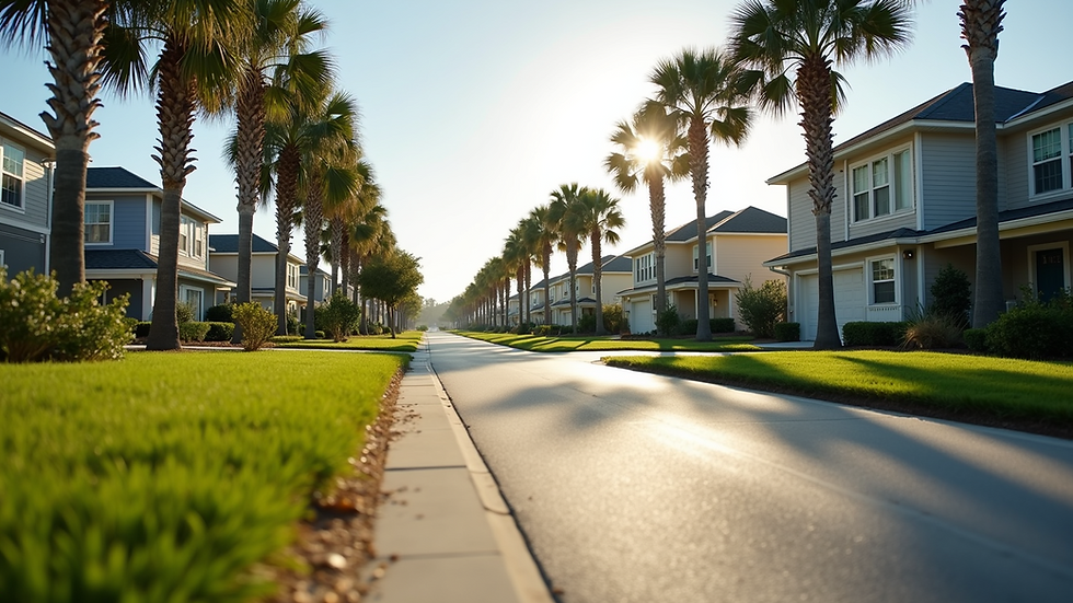Eye-level view of a modern Daniel Island neighborhood street with homes and greenery