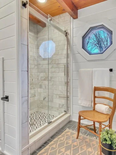 Skypine Lodge master bathroom walk in rain shower marble surround luxury