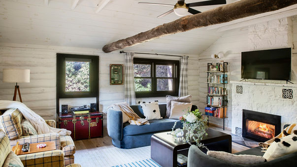 Sycamore Camp Living Room Cozy Log Cabin Historic Modern Design
