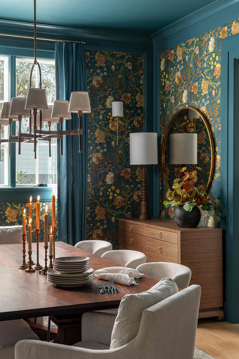 Dining Room with Deep Teal Floral Wallpaper and Trim Moody Sophisticated
