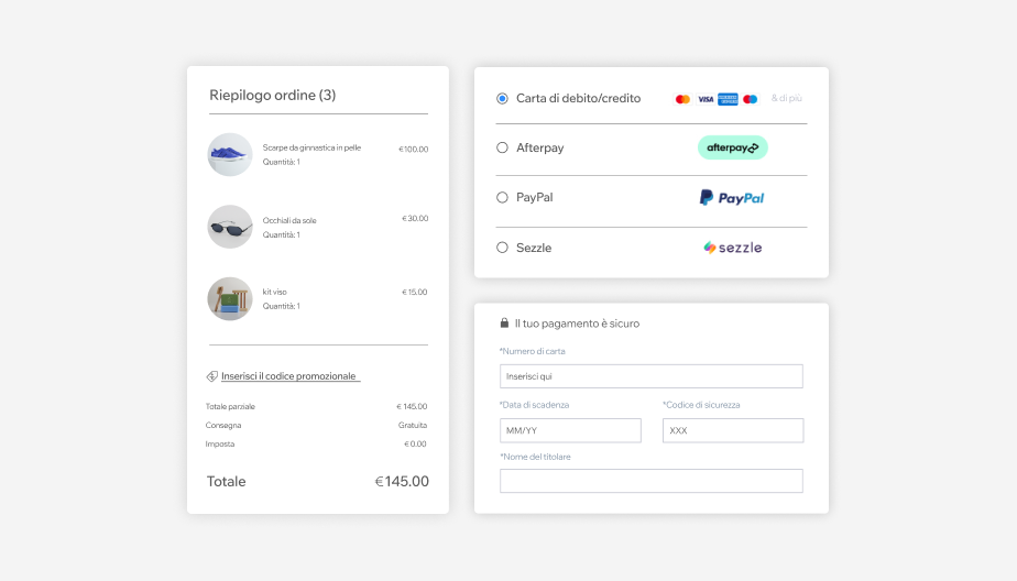 Servizi di pagamento online esempio di checkout