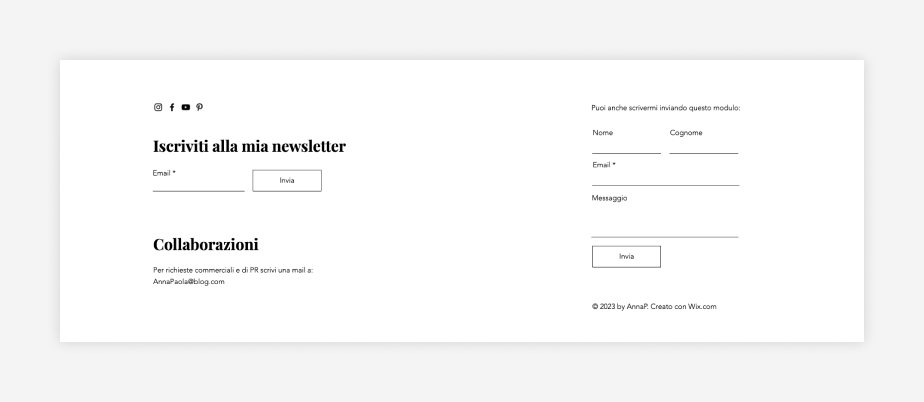 Esempio di pagina di contatto di un negozio di abbigliamento con blog