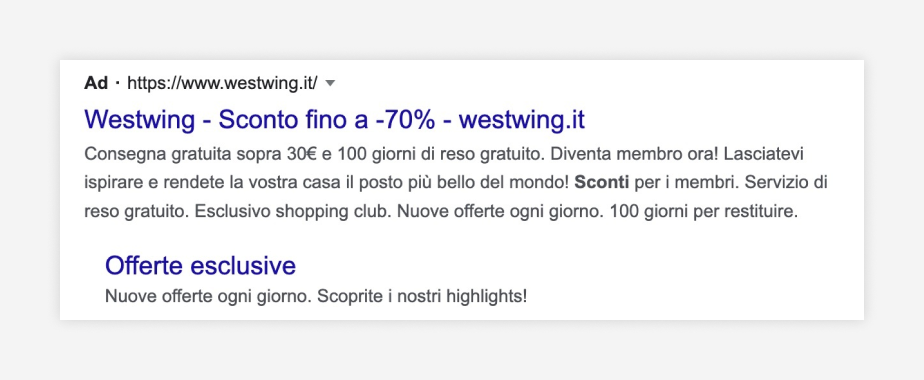 Esempio di CTA su annuncio pubblicitario di Westwing