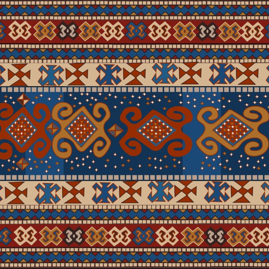 Handwoven area rug with a blue and red geometric pattern