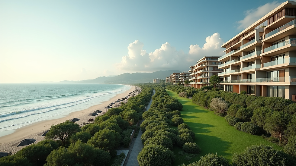 Wide angle view of residential complex with green areas and nearby beach