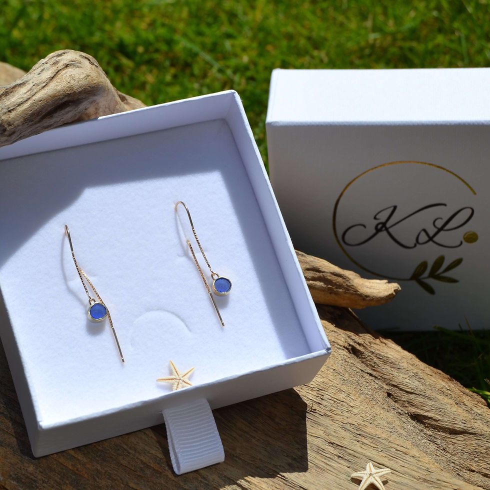 Thumbnail: 9ct Gold with blue sea glass Ear Threads, recycled gold and Irish Sea Glass