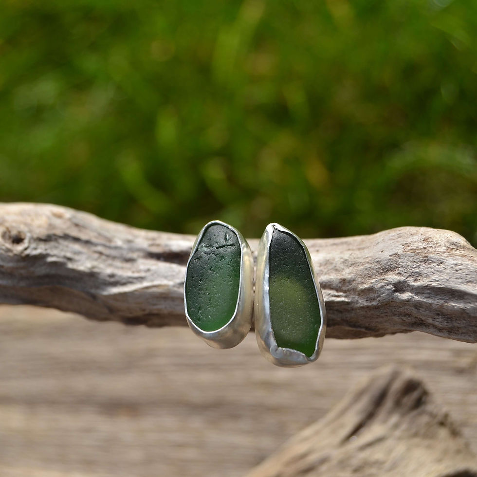 Thumbnail: Green sea glass ear studs, KL jewellery designs