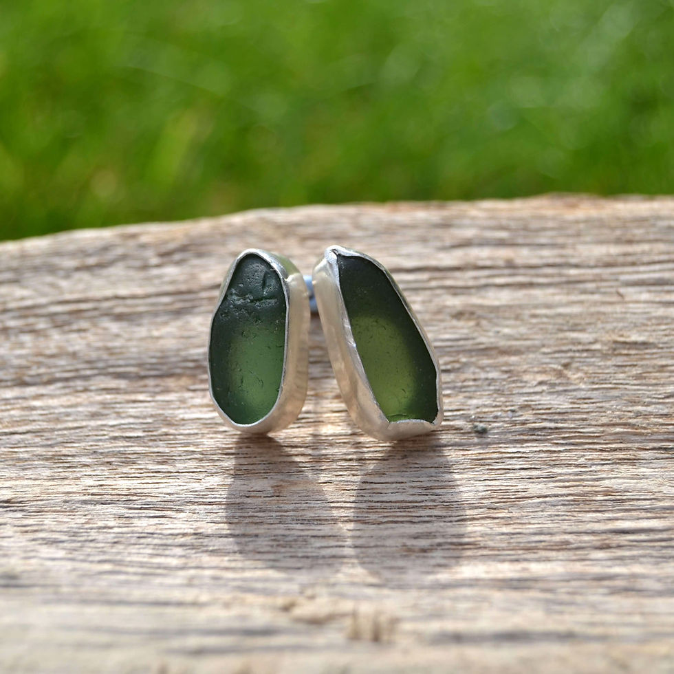 Thumbnail: Green sea glass ear studs, KL jewellery designs