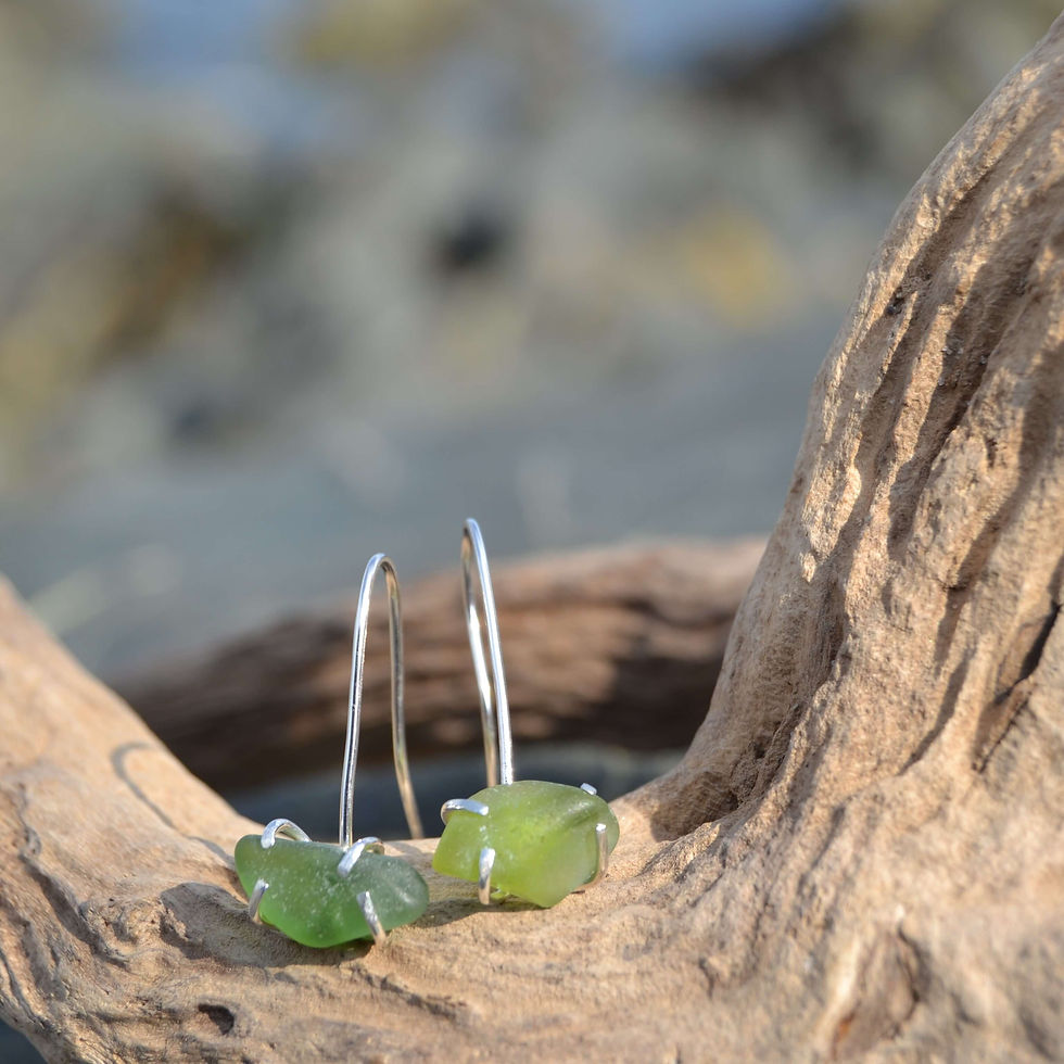Handmade light olive green and moss green sea glass earrings, made using recycled silver, KL jewellery designs