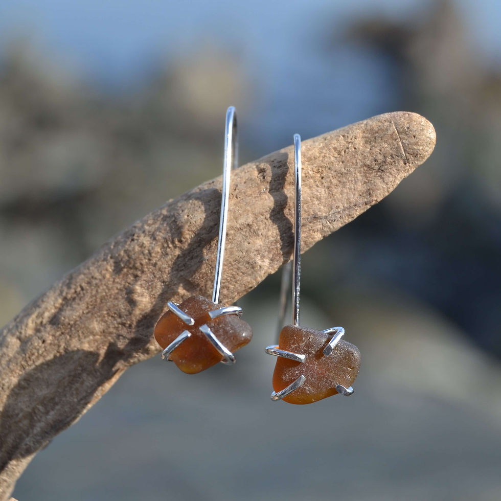 Handmade amber sea glass earrings made using recycled silver, eco-jewellery by KL jewellery designs