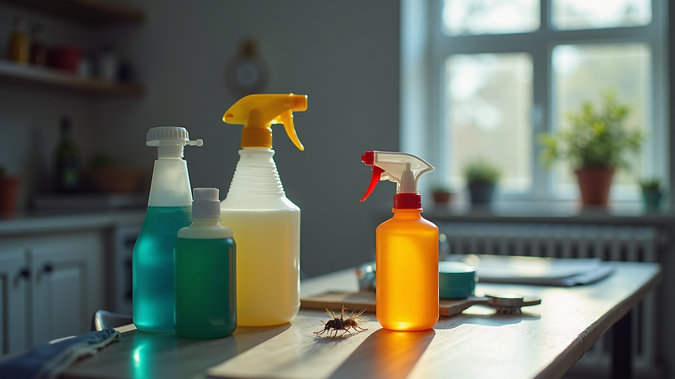 High angle view of pest control equipment and chemicals on a table