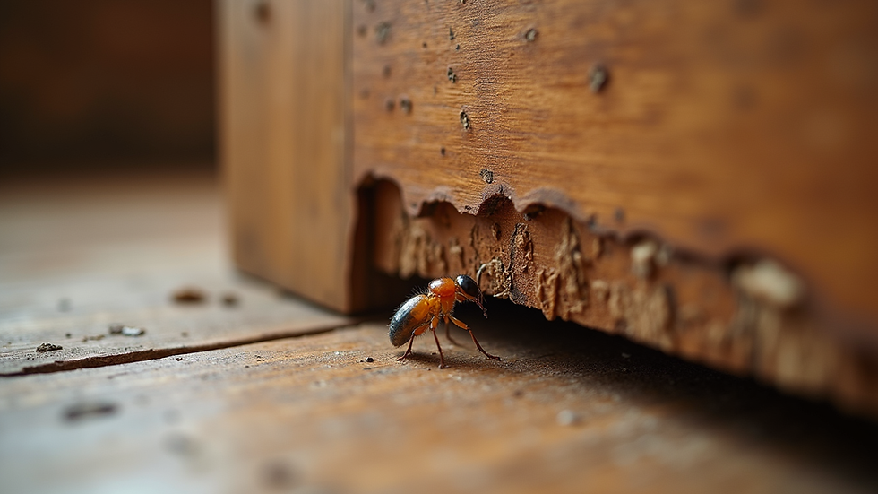 Close-up view of termite damage on wooden furniture