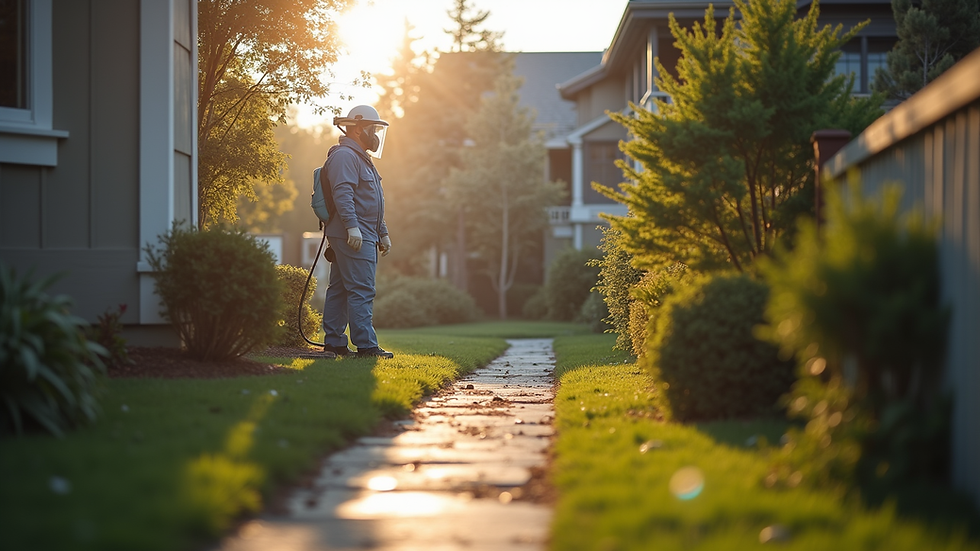 Eye-level view of pest control technician inspecting a residential area