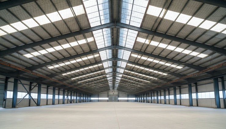 Low-angle view of a factory roof beam area covered with protective bird netting