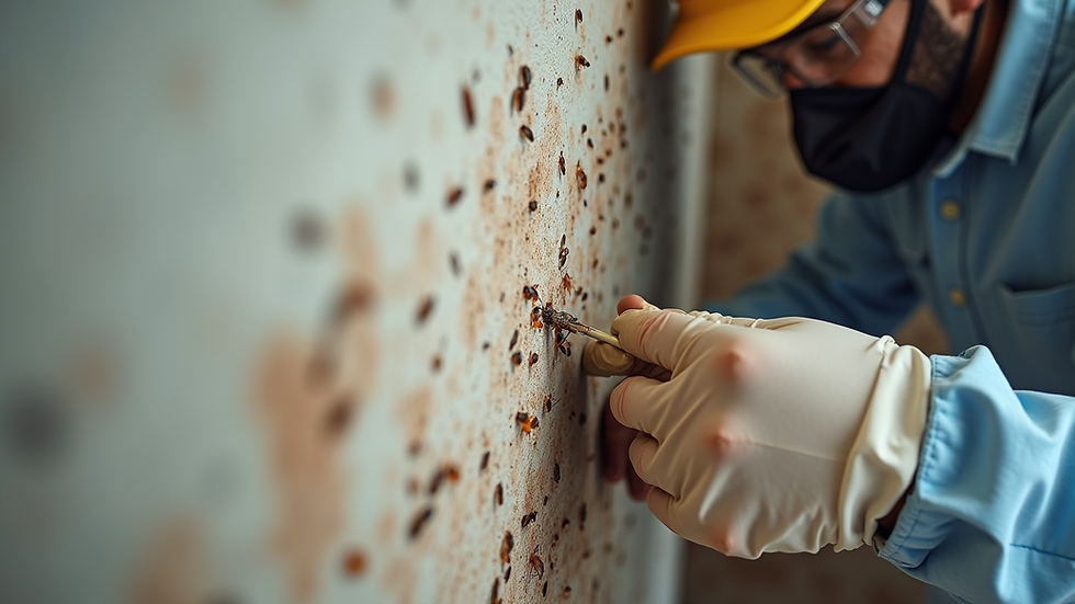 Close-up view of pest control technician inspecting a wall for termites